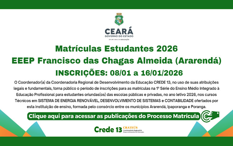Edital inscrições matrículas 2026 estudantes EEEP Francisco das Chagas Almeida – Ararendá